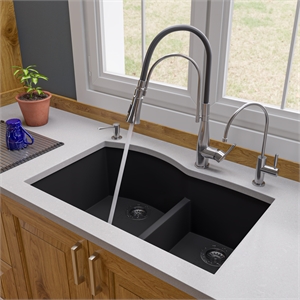 Pemberly Row Black 33&quot Double Bowl Undermount Granite Composite Kitchen Sink