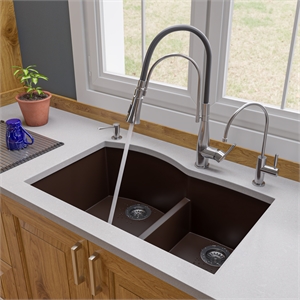 Pemberly Row Chocolate 33&quot Double Bowl Undermount Granite Composite Kitchen Sink