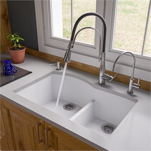Pemberly Row White 33&quot Double Bowl Undermount Granite Composite Kitchen Sink
