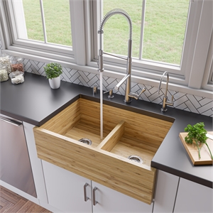 Pemberly Row Contemporary 33&quot Double Bowl Bamboo Kitchen Farm Sink