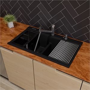 Pemberly Row Black 33&quot Granite Composite Workstation Double Bowl Drop In Sink