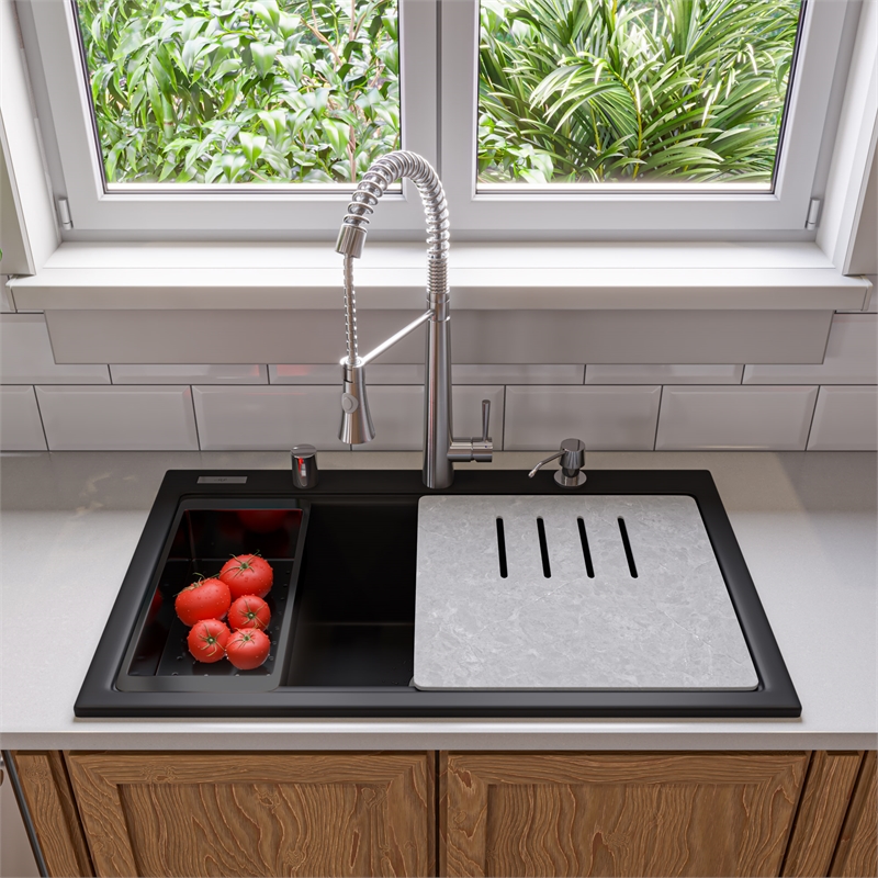 Pemberly Row Granite Composite Workstation Single Bowl Drop Sink w/ Accessories