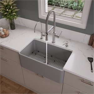 Pemberly Row Gray Matte Smooth Apron 30&quot x 18&quot Single Bowl Fireclay Farm Sink
