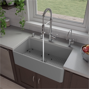 Pemberly Row Gray Matte Smooth Apron 33&quot x 18&quot Single Bowl Fireclay Farm Sink