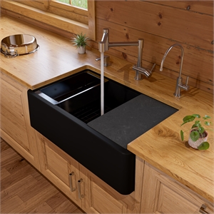 Pemberly Row Granite Composite Single Bowl Drop In Farm Sink with Accessories