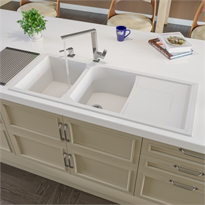 Pemberly Row White 46&quot Double Bowl Granite Composite Kitchen Sink w/ Drainboard