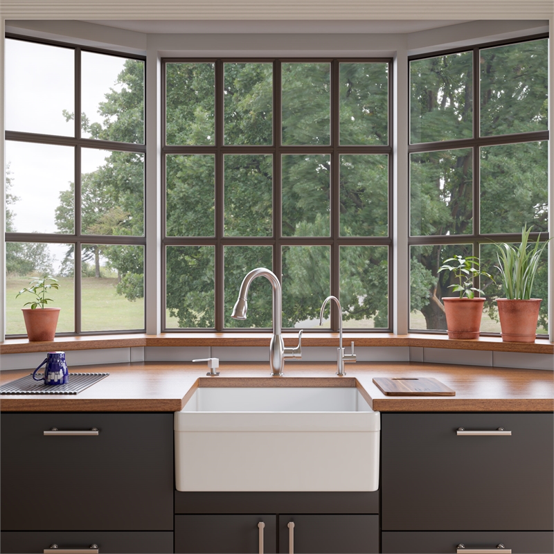 Pemberly Row Decorative Lip Apron Single Bowl Fireclay Farmhouse Kitchen Sink