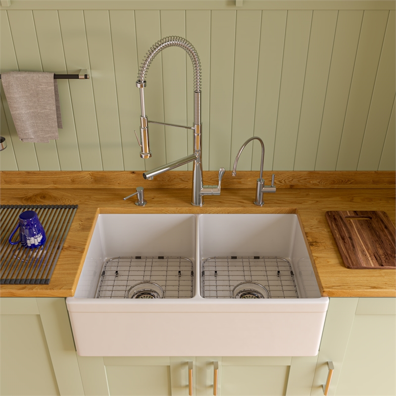 Pemberly Row Decorative Lip Apron Double Bowl Fireclay Farmhouse Kitchen Sink