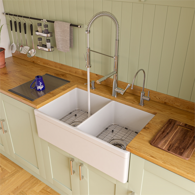 Pemberly Row Decorative Lip Apron Double Bowl Fireclay Farmhouse Kitchen Sink