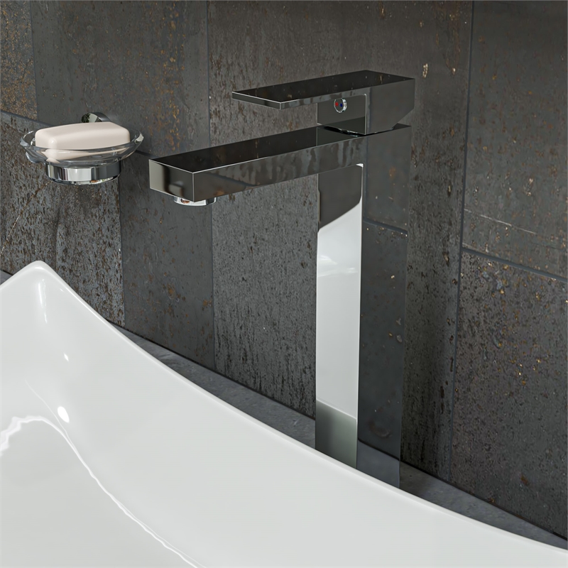 Pemberly Row Polished Chrome Tall Square Single Lever Bathroom Faucet