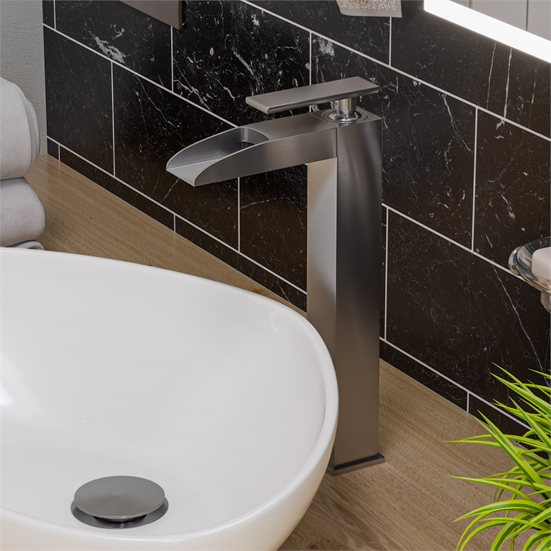 Pemberly Row Brushed Nickel Single Hole Tall Waterfall Bathroom Faucet