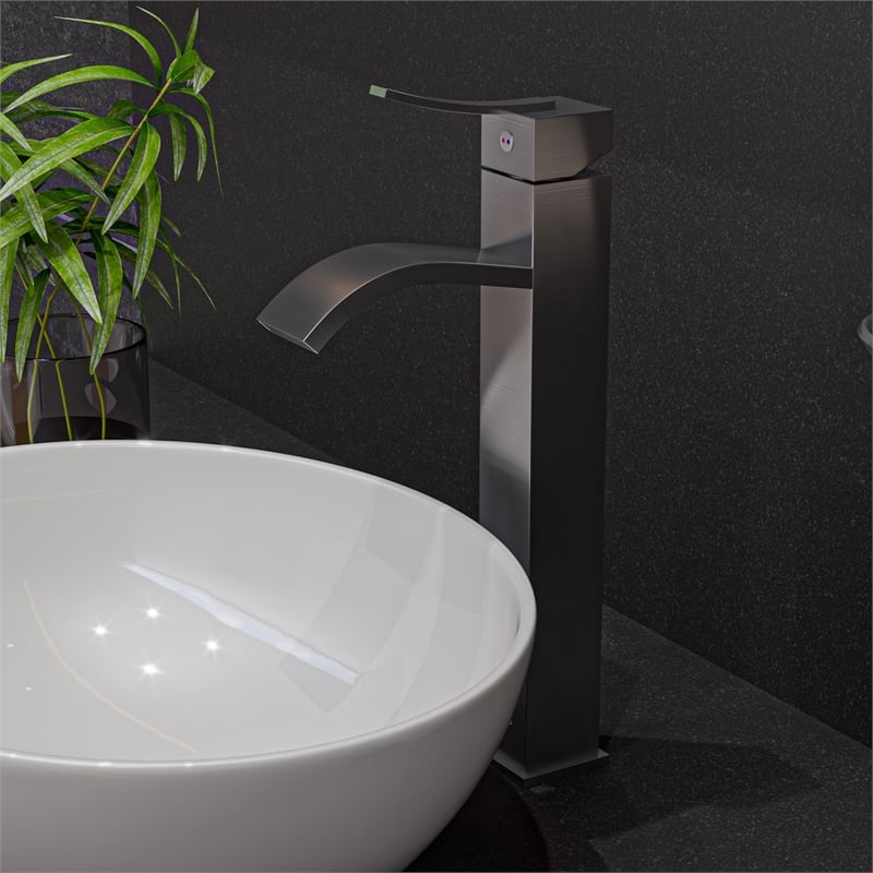 Pemberly Row Tall Brushed Nickel Tall Square Body Curved Spout Bathroom Faucet