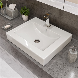 Pemberly Row White 24&quot Rectangular Semi Recessed Ceramic Sink with Faucet Hole