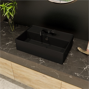 Pemberly Row Black Matte 24&quot Rectangular Above Mount Ceramic Sink w/ Faucet Hole