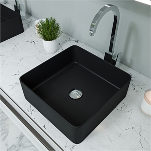 Pemberly Row Black Matte 16&quot Modern Square Above Mount Ceramic Sink