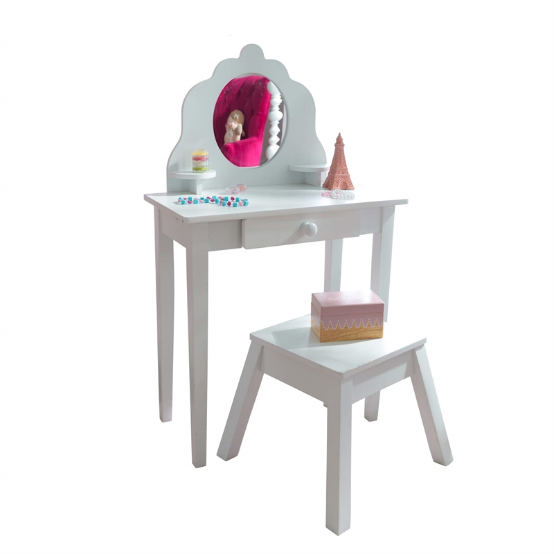 Pemberly Row Modern Wood Medium Kids Vanity Table and Stool in White