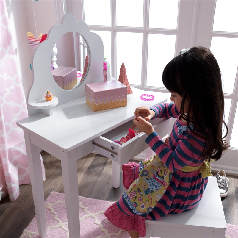 Pemberly Row Modern Wood Medium Kids Vanity Table and Stool in White