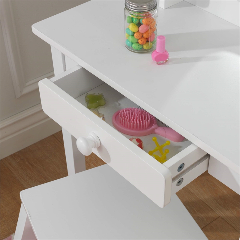 Pemberly Row Modern Wood Medium Kids Vanity Table and Stool in White