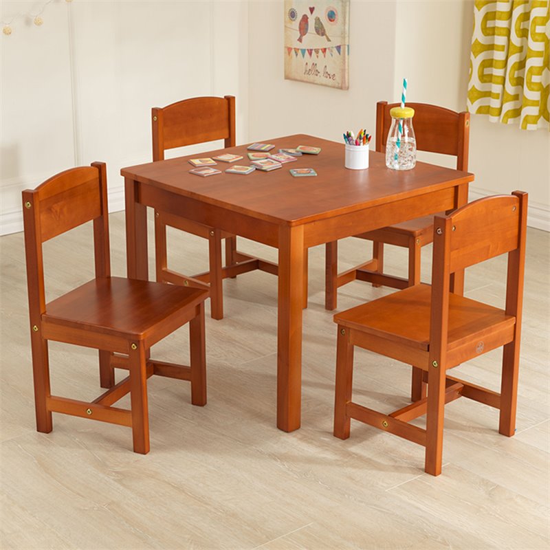 Pemberly Row Modern 5 Piece Solid Wood Table and Chair Set in Pecan