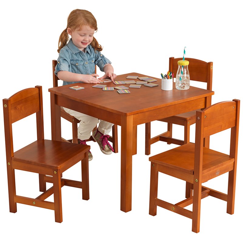 Pemberly Row Modern 5 Piece Solid Wood Table and Chair Set in Pecan