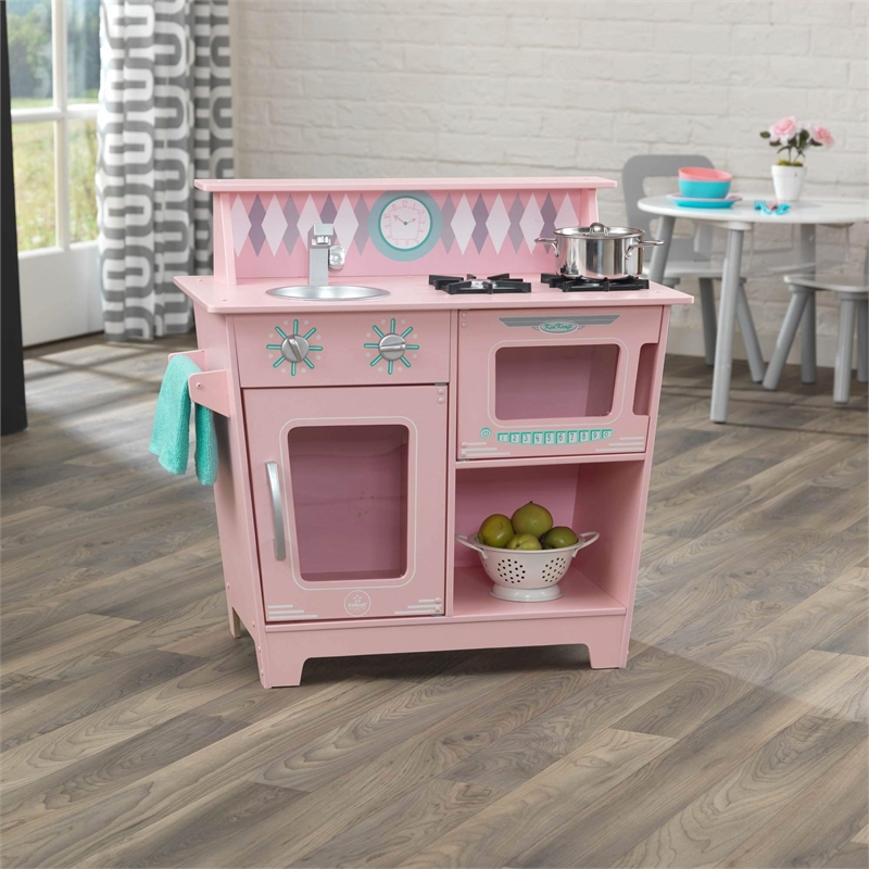 Pemberly Row Contemporary Wood Classic Play Kitchen in Pink Finish