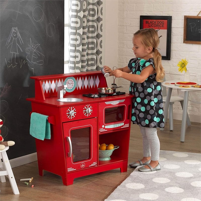 Pemberly Row Contemporary Wood Classic Play Kitchen in Pink Finish