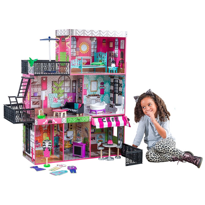 Pemberly Row Contemporary Wood Loft Dollhouse in Pink and Green