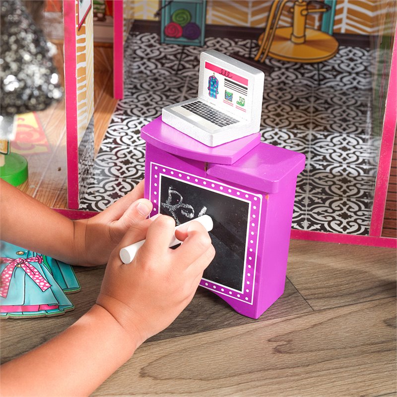 Pemberly Row Contemporary Wood Loft Dollhouse in Pink and Green