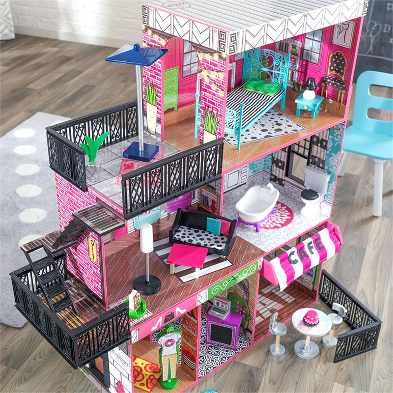 Pemberly Row Contemporary Wood Loft Dollhouse in Pink and Green