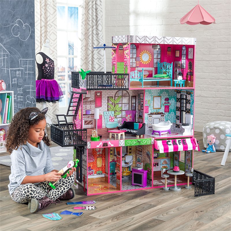 Pemberly Row Contemporary Wood Loft Dollhouse in Pink and Green