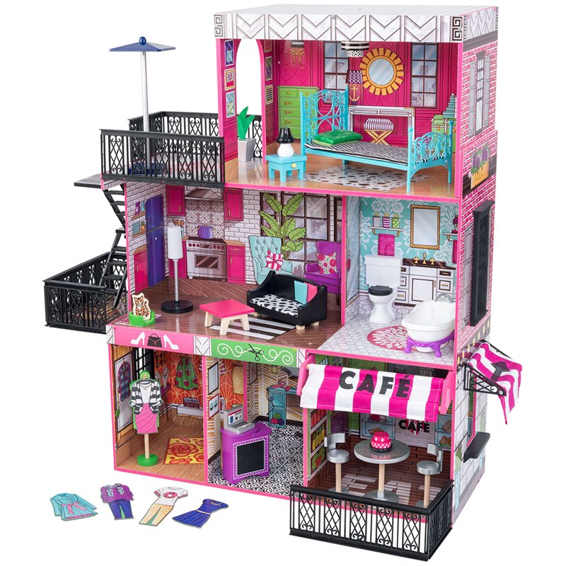 Pemberly Row Contemporary Wood Loft Dollhouse in Pink and Green