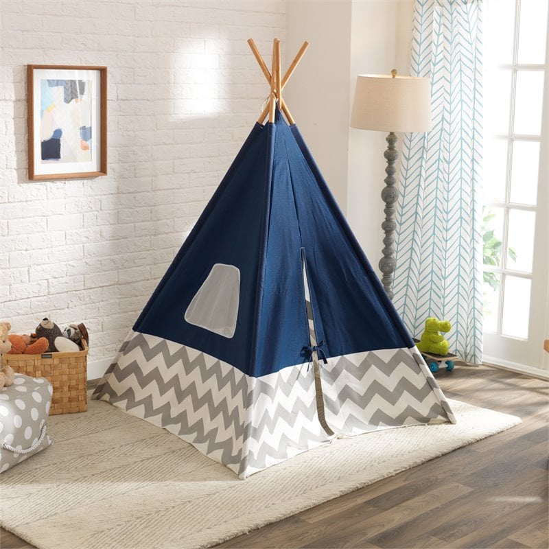 Pemberly Row Deluxe Canvas Fabric Bamboo Play Teepee Tent in Navy