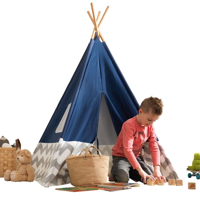 Pemberly Row Deluxe Canvas Fabric Bamboo Play Teepee Tent in Navy