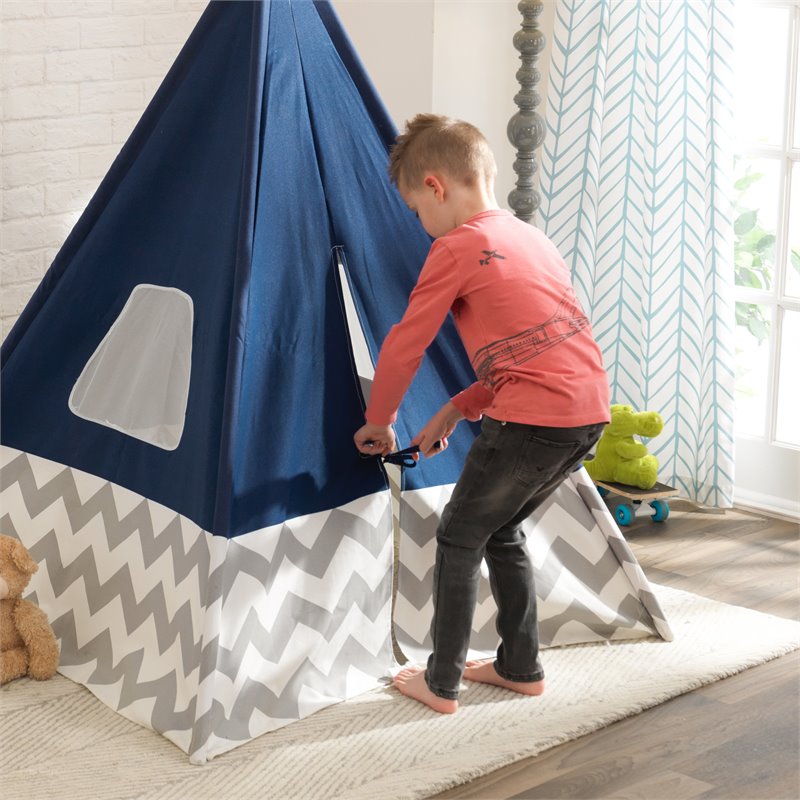 Pemberly Row Deluxe Canvas Fabric Bamboo Play Teepee Tent in Navy