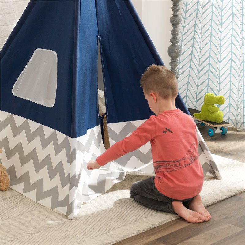 Pemberly Row Deluxe Canvas Fabric Bamboo Play Teepee Tent in Navy