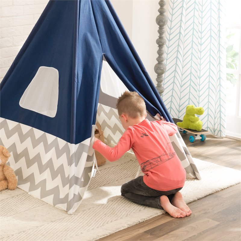 Pemberly Row Deluxe Canvas Fabric Bamboo Play Teepee Tent in Navy