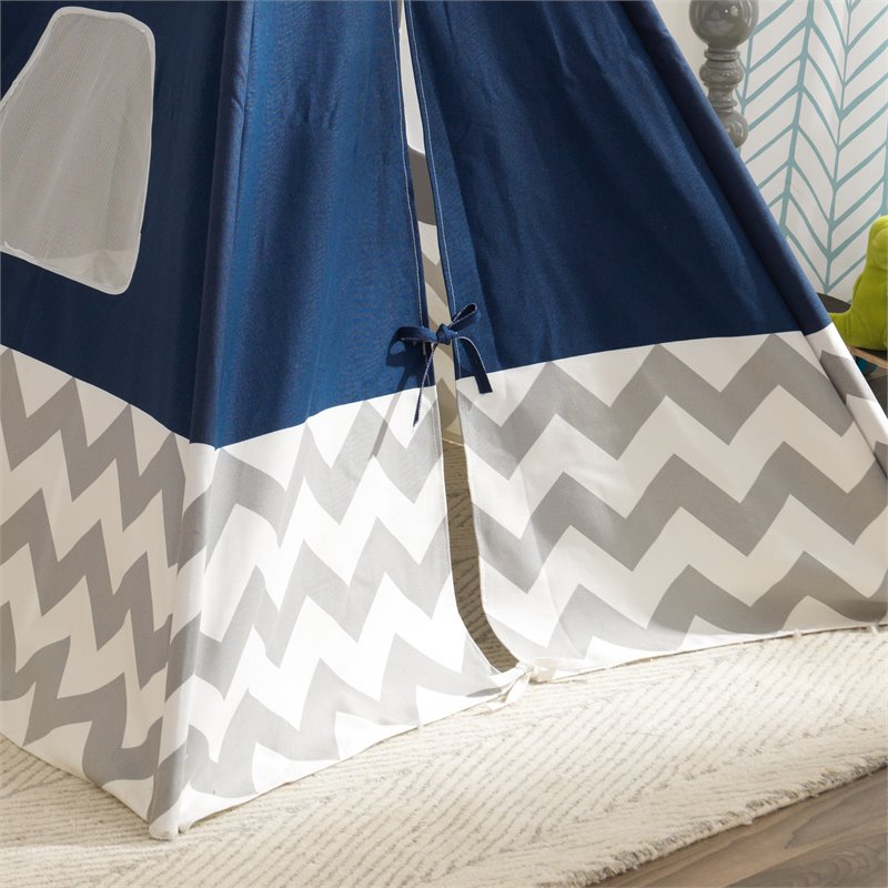 Pemberly Row Deluxe Canvas Fabric Bamboo Play Teepee Tent in Navy
