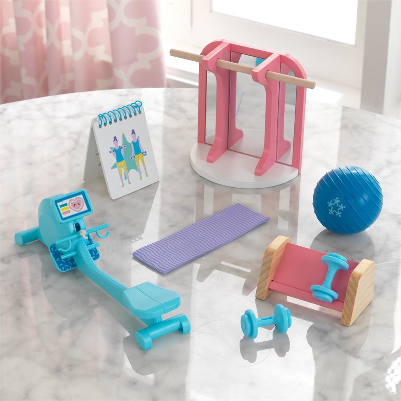 Pemberly Row 8 Piece Wooden Plastic Home Gym Dollhouse Accessory Pack