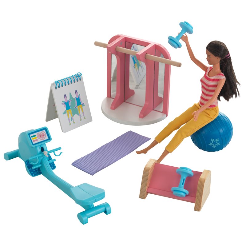 Pemberly Row 8 Piece Wooden Plastic Home Gym Dollhouse Accessory Pack