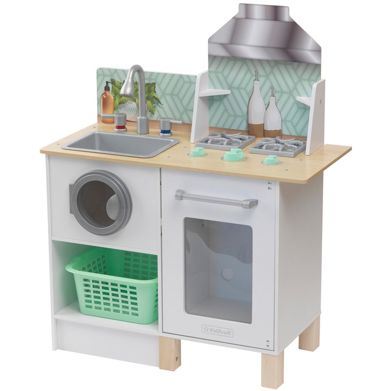 Pemberly Row Whisk & Wash Wooden Plastic Play Kitchen and Laundry in White