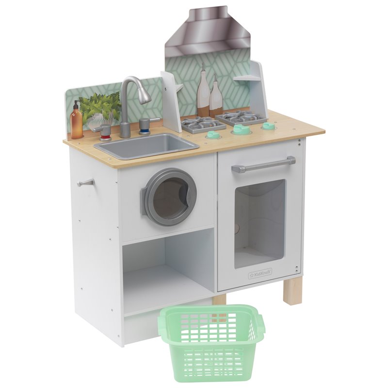 Pemberly Row Whisk & Wash Wooden Plastic Play Kitchen and Laundry in White