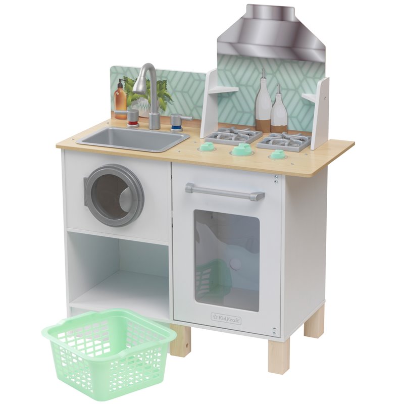Pemberly Row Whisk & Wash Wooden Plastic Play Kitchen and Laundry in White