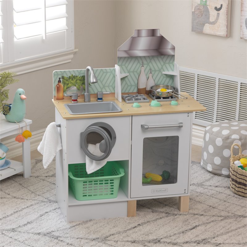 Pemberly Row Whisk & Wash Wooden Plastic Play Kitchen and Laundry in White