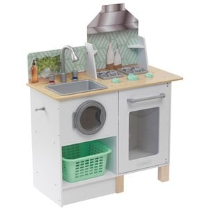 Pemberly Row Whisk & Wash Wooden Plastic Play Kitchen and Laundry in White