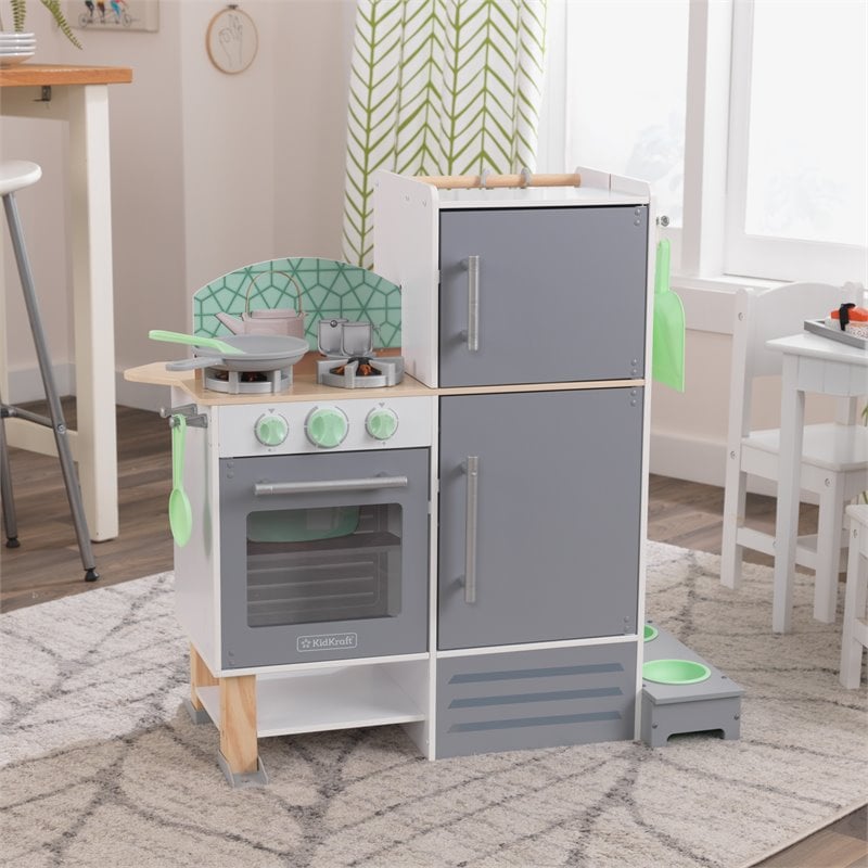 Pemberly Row 2 in 1 Wooden Plastic Play Kitchen and Laundry in Gray and White