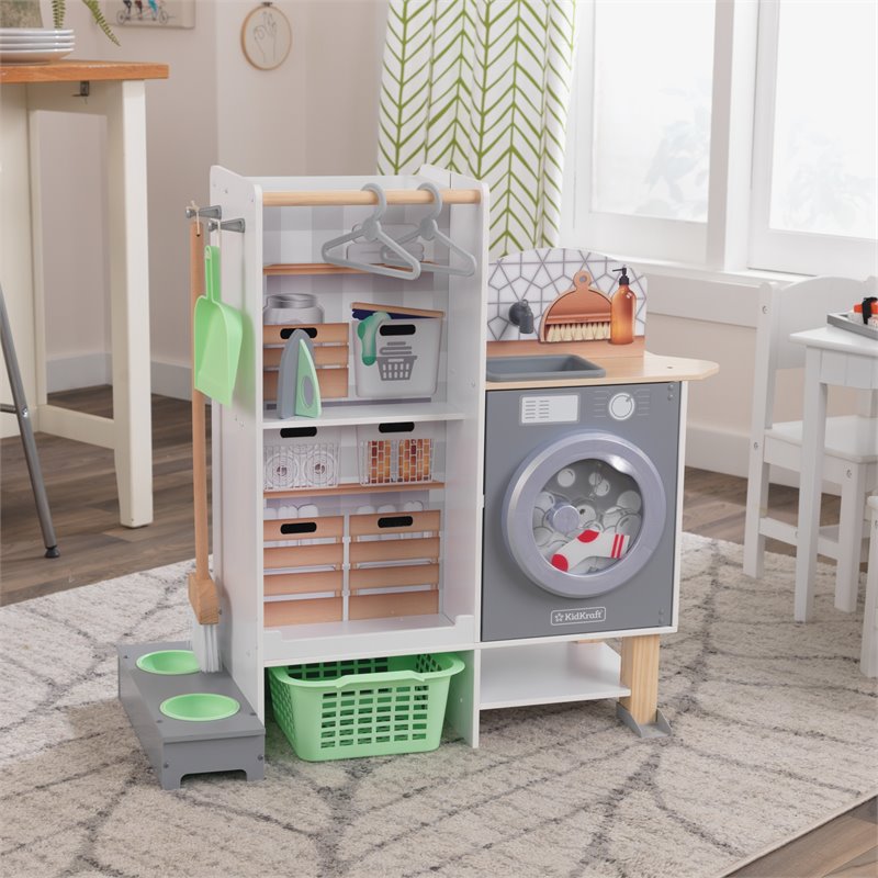 Pemberly Row 2 in 1 Wooden Plastic Play Kitchen and Laundry in Gray and White