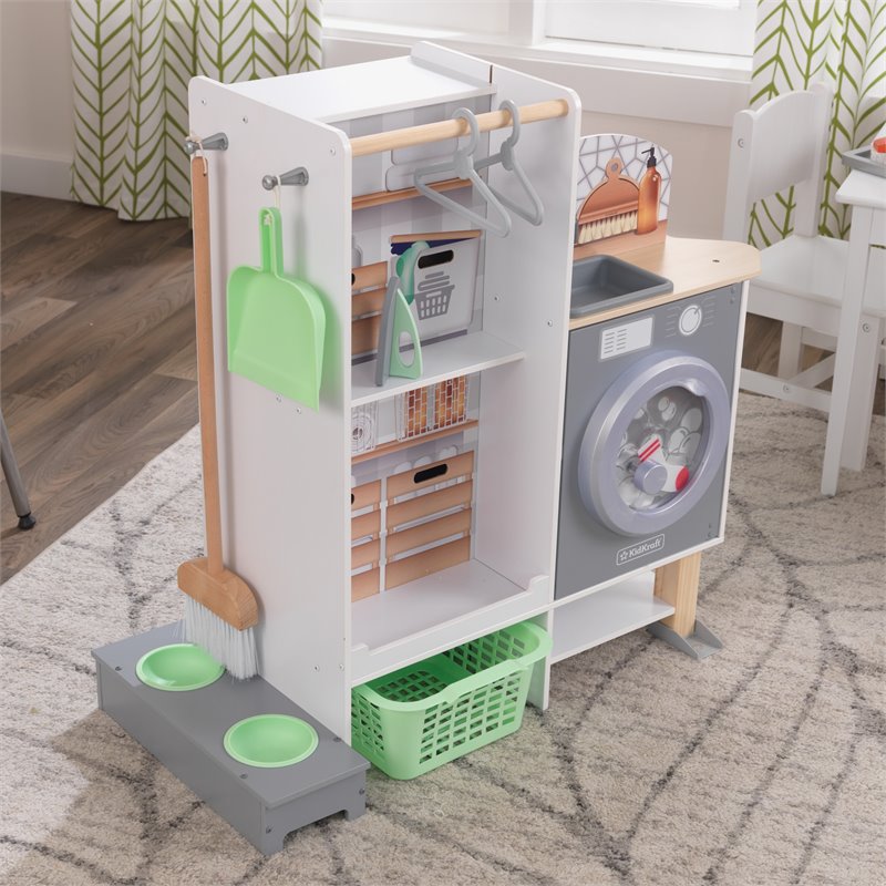 Pemberly Row 2 in 1 Wooden Plastic Play Kitchen and Laundry in Gray and White