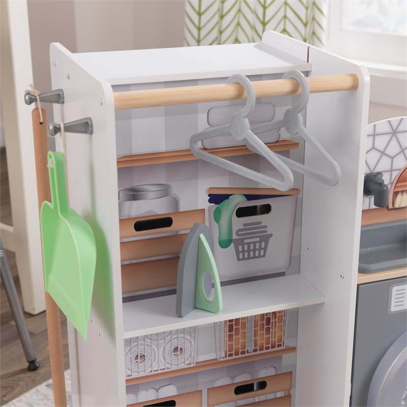 Pemberly Row 2 in 1 Wooden Plastic Play Kitchen and Laundry in Gray and White