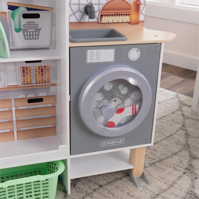 Pemberly Row 2 in 1 Wooden Plastic Play Kitchen and Laundry in Gray and White