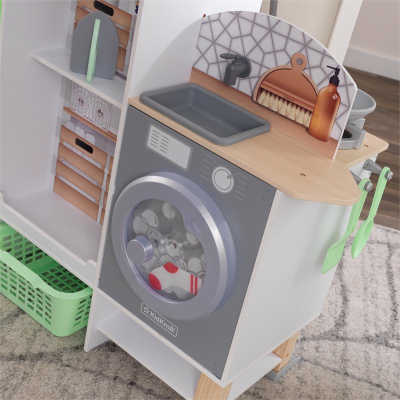 Pemberly Row 2 in 1 Wooden Plastic Play Kitchen and Laundry in Gray and White